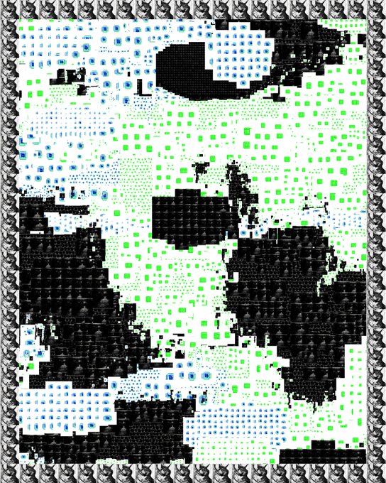 An abstract digital artwork or glitch art piece featuring a pixelated composition with blocks of black, white, blue, and green patterns.