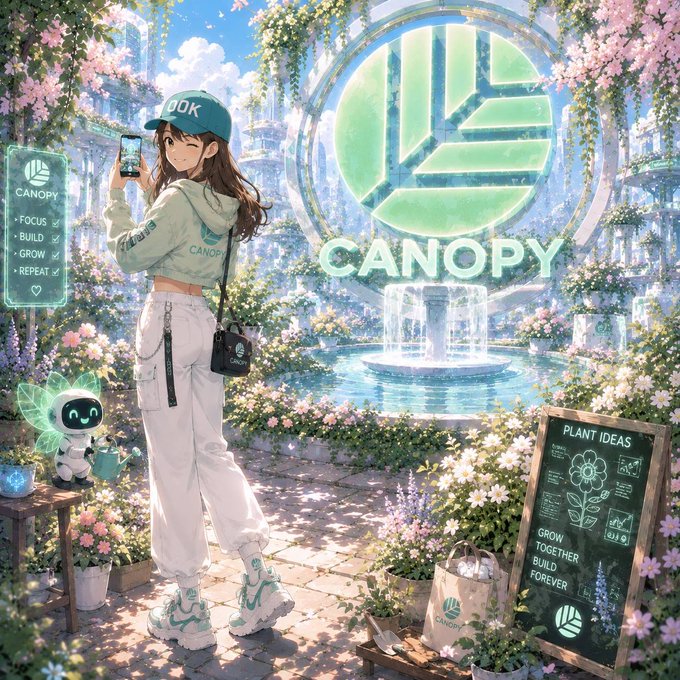 An anime-style illustration of a girl taking a photo in a garden with 'CANOPY' branding and the text 'FOCUS, BUILD, GROW, REPEAT' and 'PLANT IDEAS'.