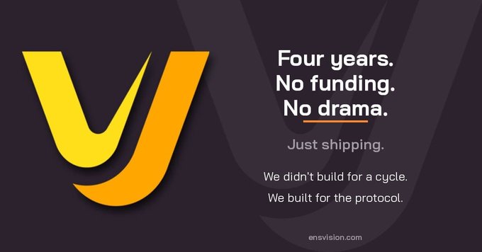 The image features a stylized yellow and orange "y" logo on a dark purple background, alongside bold white text reading "Four years. No funding. No drama. Just shipping." with the tagline "We didn't build for a cycle. We built for the protocol." and "ensvision.com" at the bottom—visually reinforcing the post's message about ensvision.com's four-year track record of delivering ENS infrastructure independently, without funding or controversy, unlike many other projects that come and go.
