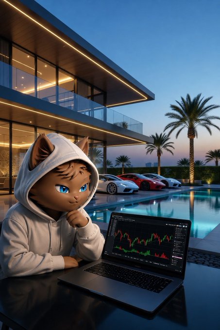 A 3D-rendered character wearing a white hoodie with cat ears looking at a laptop displaying stock charts, set against a luxury modern mansion with sports cars and a pool at dusk.