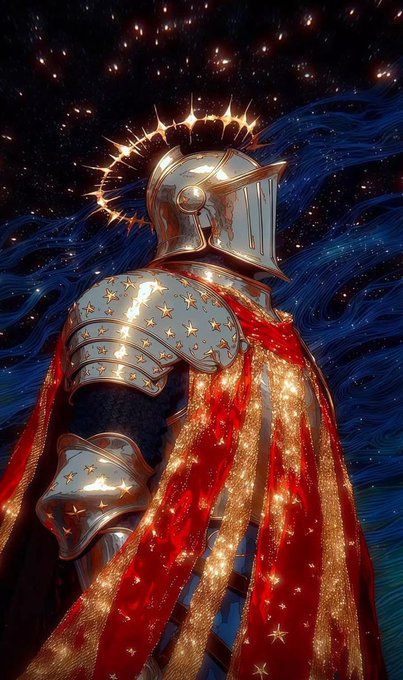 A majestic knight in gleaming silver armor and a flowing red and gold star-patterned cape, standing against a backdrop of swirling blue cosmic waves and a starry sky.