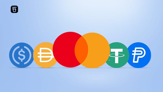 A graphic showing logos of major payment networks including USDC, DAI, Mastercard, Tether (USDT), and PayPal on a light blue background.