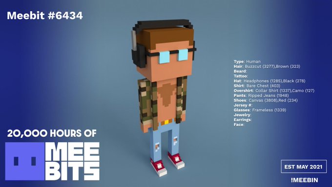 Meebit #6434 NFT character profile displayed against a blue background, detailing attributes like Buzzcut hair, Black Headphones, Blue Chest shirt, and Rippled Jeans, marked EST MAY 2021.