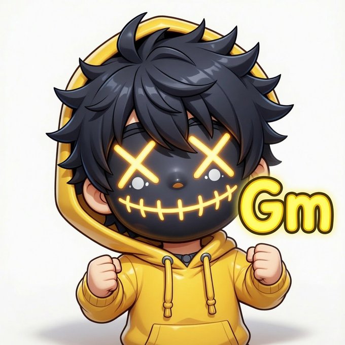 A chibi-style cartoon character wearing a yellow hoodie and a black mask with glowing yellow 'X' eyes and stitched smile, accompanied by the text 'Gm' in yellow.