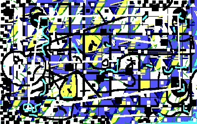 An abstract digital artwork featuring bold black outlines, blue, yellow, and white color blocks in a chaotic, maze-like pattern.