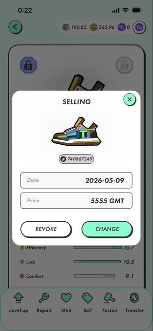 A STEPN app selling interface showing a sneaker NFT listed for 5555 GMT with a token ID 740867249, with options to Revoke or Change the listing, and bottom navigation including Level up, Repair, Mint, Sell, Fusion, and Transfer.