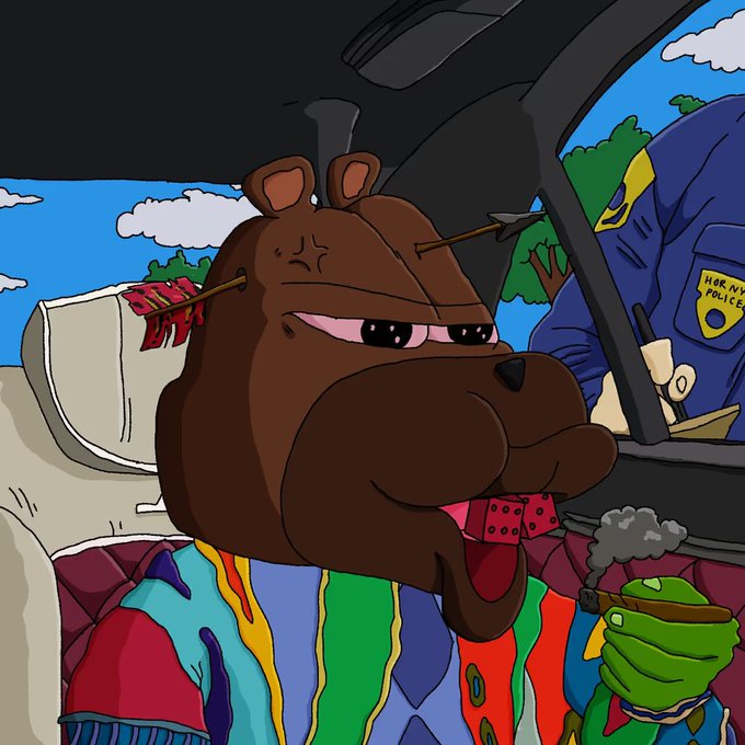 A cartoon illustration depicts a brown bear with an arrow through its head, wearing a colorful striped shirt and a beak mask, holding a smoking bomb in a car while a police officer sits nearby.
