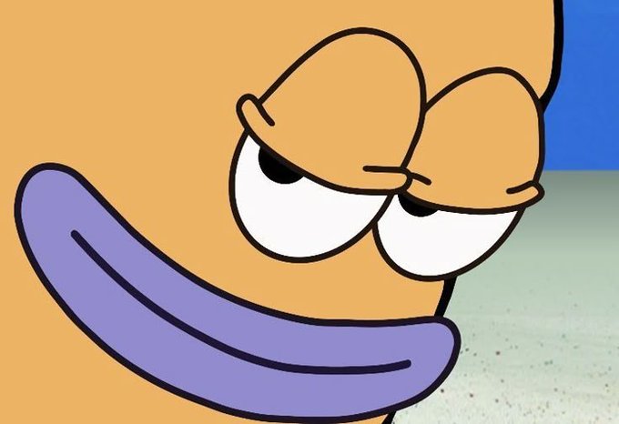 A cartoon starfish with a smug, half-lidded expression and a sly purple smile, suggesting a confident and slightly mischievous mood that playfully mirrors the optimistic "Hello UPtober ↑" post celebrating an upward market trend.