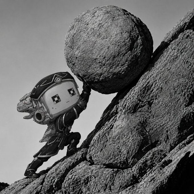 A black-and-white image of a robot with a square screen face pushing a large boulder up a rocky slope, in a parody of the Sisyphus myth.