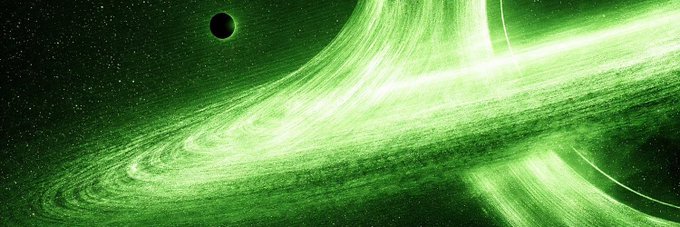 A stylized image of a black hole with a glowing green accretion disk and a smaller celestial body silhouetted against the swirling light.
