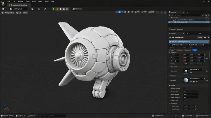 A screenshot of Unreal Engine's editor displaying a 3D model of a spherical mechanical character labeled "SM_ShaderUnit" in the Details panel, showing a dev build showcase of the "S-06 Razor Eclipse" character with its turbine-like front and armored plating.