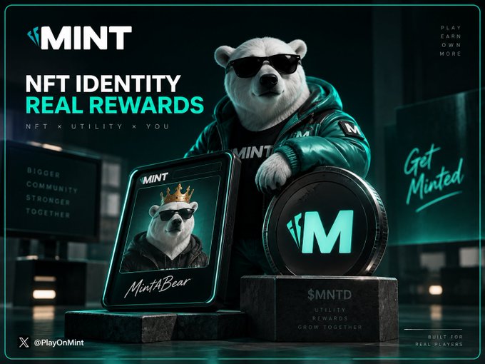 A promotional advertisement for 'MINT' featuring a polar bear wearing sunglasses and a green jacket next to an NFT card labeled 'MintABear', with text 'NFT IDENTITY REAL REWARDS' and '$MNTD' token displayed.