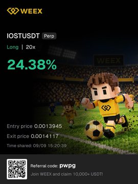 A WEEX crypto trading interface showing a long position on IOST/USDT with Perp leverage, displaying a 24.38% gain, entry price 0.0013945, exit price 0.0014117, and a referral code "pwp".