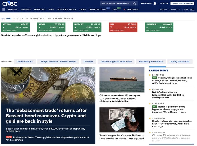 The CNBC homepage featuring market tickers (ASX 200, NIKKEI, NIFTY 50, HSI, SHANGHAI), with headlines about the 'debasement trade' returning, Bitcoin/crypto rally, oil prices, and Nvidia earnings.
