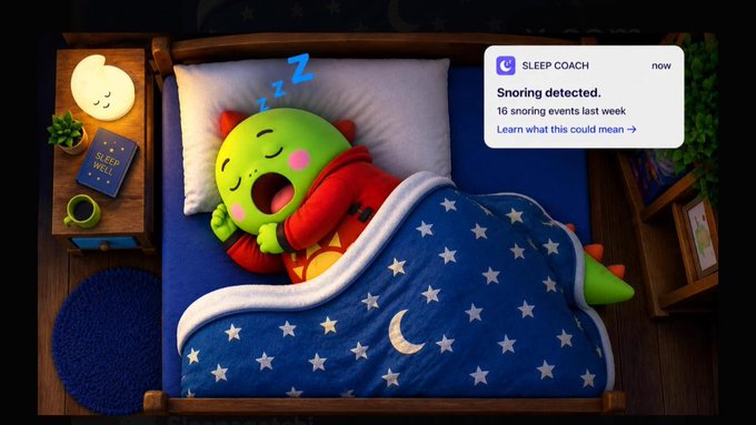 A 3D illustration of a green dinosaur sleeping in a bed with a starry blue blanket, accompanied by a phone notification from 'SLEEP COACH' stating 'Snoring detected. 16 snoring events last week.'