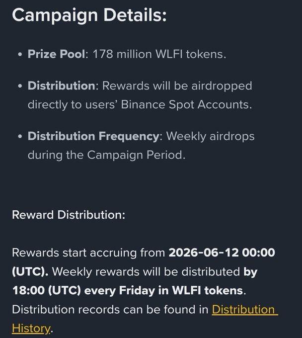 The image outlines the campaign details for a 178 million WLFI token airdrop on Binance, with rewards accruing from June 12, 2026, and distributed weekly as WLFI tokens to users' Binance Spot Accounts by 18:00 UTC every Friday. It complements the post by confirming the prize pool size, distribution frequency, and mechanics tied to holding at least a daily balance of $300 in USD1 open interest on Binance futures or margin accounts to qualify for rewards, including the new 1.2x APY multiplier update.