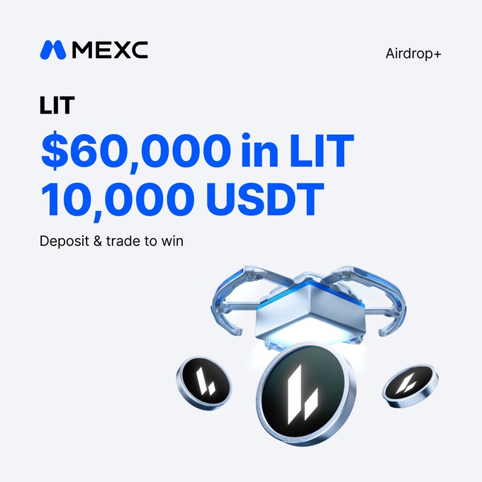 A MEXC Airdrop+ promotional graphic offering '$60,000 in LIT' and '10,000 USDT' for deposit and trade activities, featuring 3D LIT token coins and a treasure chest.