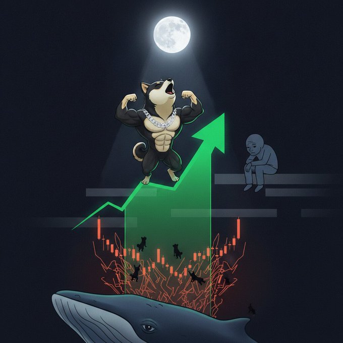 A muscular Shiba Inu ($MANYU) flexes triumphantly atop a soaring green arrow under a full moon, while a sad Wojak sits dejected in the background amid candlestick charts and falling figures—all above a whale's silhouette, symbolizing $MANYU's strong upward momentum versus WojAK's stagnation.