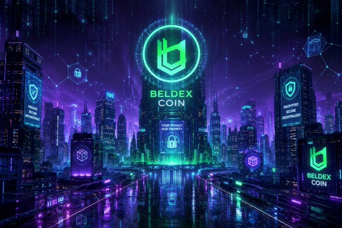 A futuristic cyberpunk cityscape glowing in neon purple and teal features the "BELDEX COIN" logo prominently displayed on a central skyscraper, with surrounding holographic panels showing slogans like "YOUR PRIVACY OUR PRIORITY," "PRIVATE SECURE UNTRACEABLE," and "ENCRYPTED SECURE DECENTRALIZED." The image visually reinforces the post's focus on Beldex's privacy-focused blockchain ecosystem and long-term vision for decentralized development.