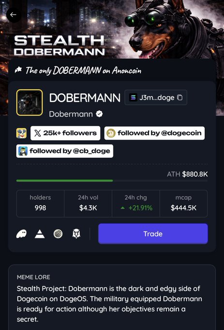 A phone screen displays a profile for the character Dobermann, featuring a black and white photo of the character with green goggles and a description of their role as a stealth dogman.
