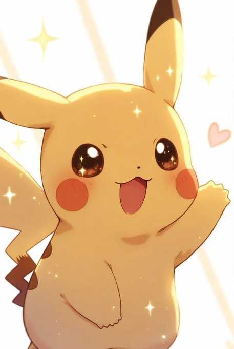 An illustration of Pikachu with a happy expression, big sparkling eyes, and pink cheeks, surrounded by sparkle effects and a small heart on a white background.