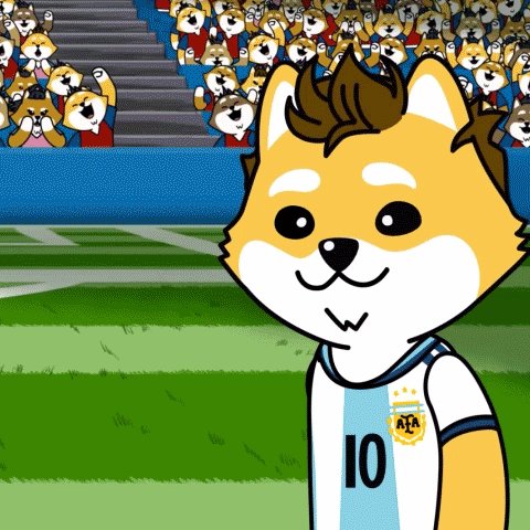 "The GOAT" is a cartoon character with a brown and white fur coat, wearing a blue and yellow shirt that has the number 10 on it. In front of him are several other cartoon characters, including dogs, also dressed in similar outfits. The image features a soccer field where the cartoon character is standing, surrounded by an audience of other cartoon characters.