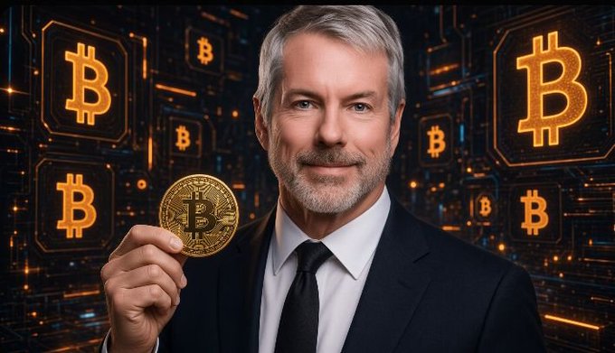 A digitally generated image of a smiling older man in a dark suit holding a gold Bitcoin coin, surrounded by glowing Bitcoin logos on a dark circuit-board style background.