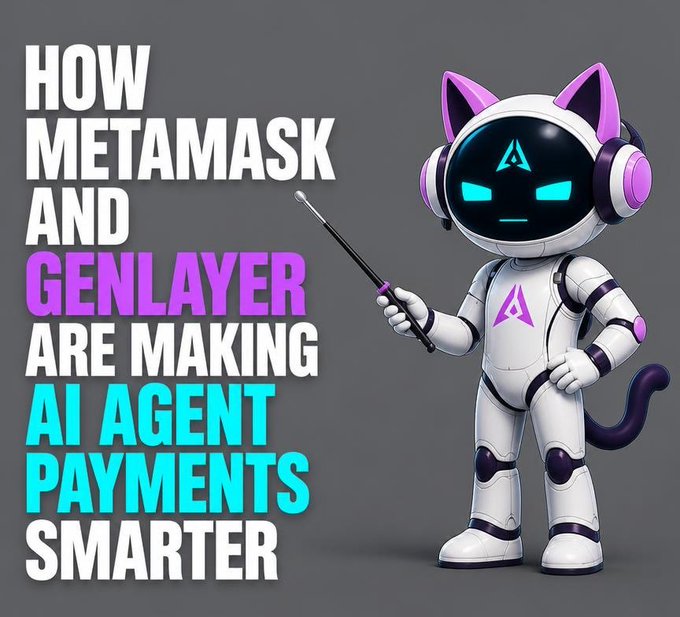 An animated graphic with the text 'HOW METAMASK AND GENLAYER ARE MAKING AI AGENT PAYMENTS SMARTER' next to a robot cat character holding a pointer.
