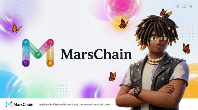 A promotional banner for MarsChain featuring a 3D animated character with dreadlocks, the MarsChain logo, butterflies, and text reading 'MarsChain Legal and Professional Protections | Link to www.MarsChain.com'.