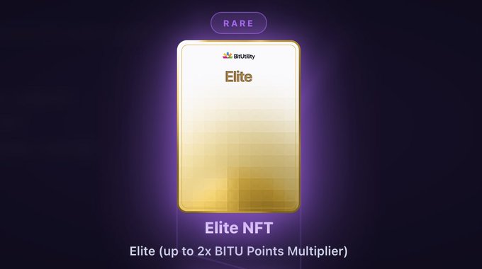 A glowing purple "RARE" labeled BitUtility "Elite" NFT card is displayed against a dark background, with text below noting it provides up to a 2x BITU Points Multiplier—matching the post's highlight of free Genesis NFTs offering lifetime points multipliers for the $BITU ecosystem.