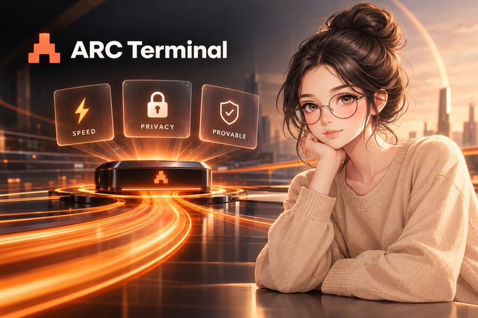 A promotional graphic for 'ARC Terminal' featuring an anime-style woman with glasses next to icons highlighting 'SPEED', 'PRIVACY', and 'PROVABLE' features, with a futuristic city and glowing orange light trails in the background.