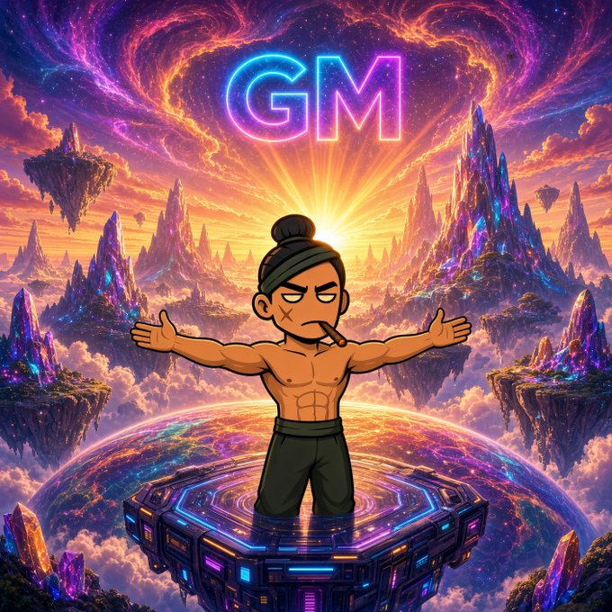 A cartoonish muscular man with a topknot and cigar stands on a futuristic platform with arms outstretched, beneath a glowing neon "GM" sign against a cosmic backdrop of mountains and swirling clouds.