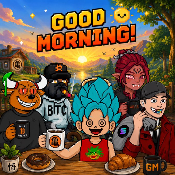 A vibrant pixel-art "GOOD MORNING!" scene featuring five cartoon characters gathered around a wooden breakfast table with coffee, donuts, and a croissant, set against a sunrise mountain backdrop. Visible text includes "GOOD MORNING!", "BTC", "BITC", "WEB3", "BULL B BREAKS", "悟", and "GM" on a mug — directly tying into the post's call for the CT (Crypto Twitter) family to drop their "GM" greetings and show who's awake.