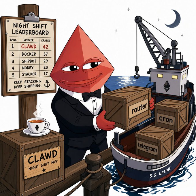 The image shows a cartoon red teardrop-shaped character in a tuxedo holding a wooden crate labeled "router," standing beside a leaderboard titled "Night Shift Leaderboard" ranking "CLAWD" #1 with 42 crates (ahead of Docker 37, Shipbot 29, Nodey 23, Stacker 17), with a cargo ship marked "S.S. Uptime" loaded with crates labeled "telegram," "cron," and "router."

The illustration reinforces the post's message by visually celebrating $CLAWD as the top "night shift" performer, using shipping metaphors—crates, a leaderboard, and a working vessel—to symbolize consistent daily building and product shipping as the path to long-term success.