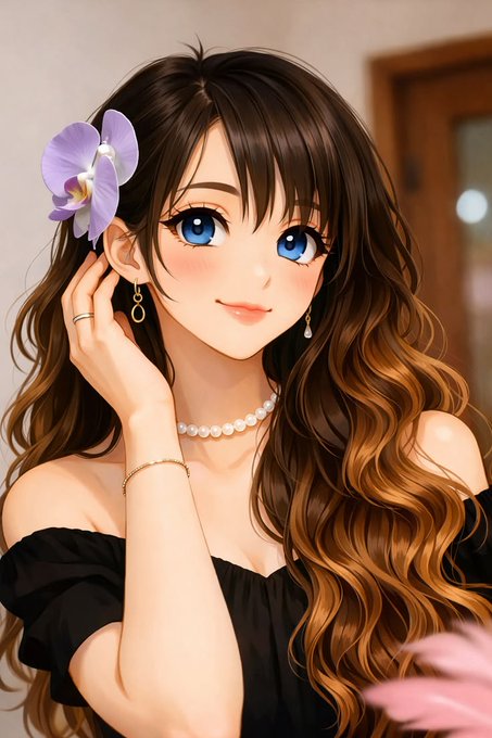 An anime-style illustration of a smiling young woman with long flowing brown hair, blue eyes, a purple orchid flower in her hair, and a black off-shoulder dress.