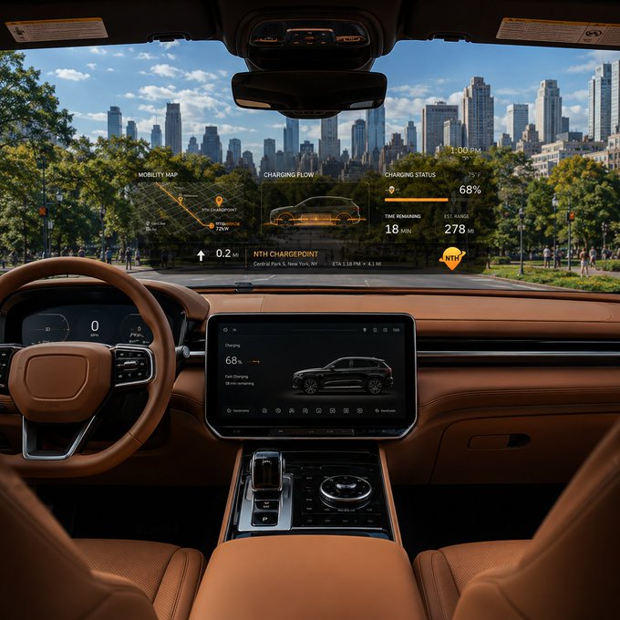 Interior view of a luxury electric vehicle (likely Volvo) showing an AR heads-up display with charging status at 68%, 18 min remaining, mobility map, and charging flow information, with a city skyline visible through the windshield.