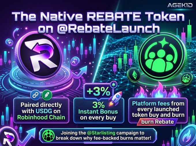 A neon crypto graphic advertises “The Native REBATE Token on @RebateLaunch,” mentioning pairing with USDG on Robinhood Chain and a “+3% Instant Bonus.”