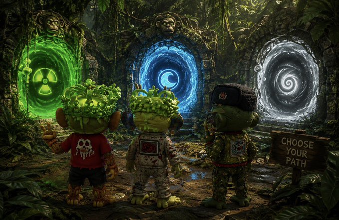 Three green-skinned characters wearing leaf crowns stand before three mystical portals—a green radiation portal, a blue portal, and a swirling white spiral—next to a sign reading 'CHOOSE YOUR PATH' in a jungle setting.