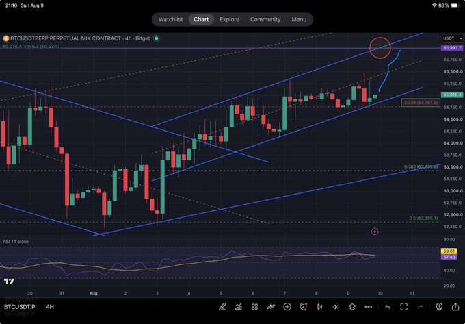A TradingView BTCUSDT.P perpetual mix contract 4h chart on Bitget showing price action around $65,900-$66,000, with various trendlines, Fibonacci levels, and a red circle highlighting a resistance area near 66,191.