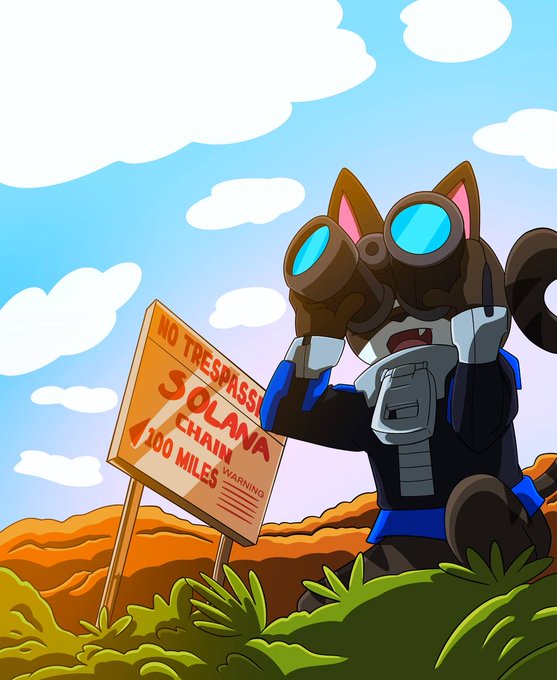 An illustration shows a cat-like character wearing goggles and holding binoculars, standing next to a "NO TRESPASSING" sign that reads "SOLANA CHAIN 100 MILES WARNING" against a blue sky with clouds.