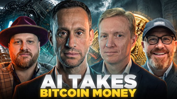 Four men are featured in a promotional graphic with the bold text "AI TAKES BITCOIN MONEY" displayed at the bottom, set against a backdrop of futuristic and Bitcoin-themed imagery. The image relates to the post by announcing a live discussion about Anthropic's $9.1 billion AI investment and its impact on Bitcoin mining.
