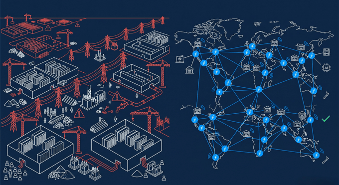 An infographic contrasting two systems: the left side shows a centralized infrastructure with power lines, factories, and data centers in red; the right side displays a decentralized network of interconnected nodes (cryptocurrency logos) over a world map in blue.