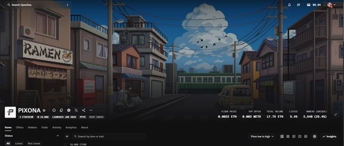 The image shows a pixel-art style desktop wallpaper depicting a quiet Japanese street scene with a ramen shop, displayed over a browser interface showing the "PIXONA" token on EtherScan with a price of 0.0032 ETH and 25.46% change, while the post asks about reaching 25ETH volume for verification. The connection relates to the token's performance metrics visible in the screenshot, which show trading activity relevant to the volume verification question.