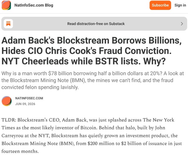 The image shows a page from an article titled "Adam Back's Blockstream Borrows Billions, Hides CIO Chris Cook's Fraud Conviction andNYT Cheerleaders while BSTR Lists. Why?". The text of this article is displayed in white letters against a grey background with the title at the top. The context suggests that this is a feature piece on a news website discussing the issue of online anonymity for people involved in illegal activities, such as identity theft or financial fraud committed by large companies like Chris Cook's mining company.