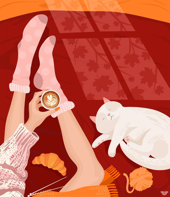 A stylized digital illustration showing a person's legs in polka-dot socks holding a latte, alongside a sleeping white cat on a deep red blanket, with a croissant and ball of yarn nearby.