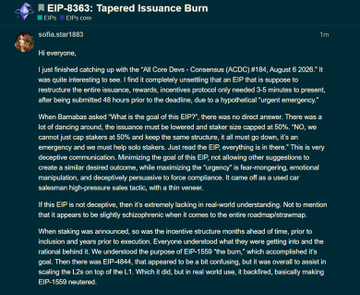 A screenshot of a post by user "sofia.starf883" in the r/EIP-8363 subreddit, titled "Tapered Issuance Burn," which discusses a non-technical proposal for EIP-8363 aimed at restoring a non-inflationary and deflationary monetary policy for Ethereum. The post includes a link to claude.ai analyzing EIP-8363, which the author presents as evidence that the deleted Ethereum Magicians forum posts were substantive AI-generated analyses rather than "AI spam."