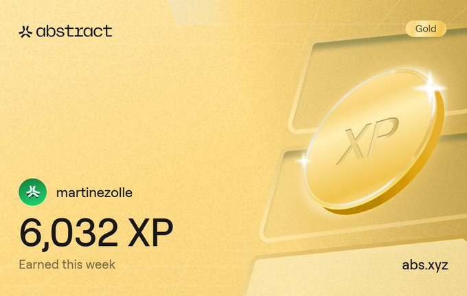 An 'Abstract' platform weekly XP reward card showing user 'martinezoile' earned 6,032 XP with a Gold tier badge and 'abs.xyz' branding.