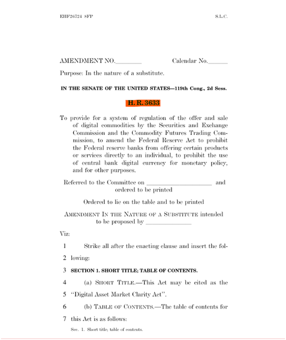 The image shows the first page of a Senate amendment to H.R. 3633, the "Digital Asset Market Clarity Act," introduced during the 119th Congress, 2nd Session, outlining provisions for regulating digital commodities, amending the Federal Reserve Act, and prohibiting CBDC use for monetary policy. The accompanying post highlights key changes in the latest draft, including added state attorney general enforcement powers, the locked-in SEC/CFTC jurisdictional split, and the ban on direct Fed crypto sales and CBDC monetary policy use.