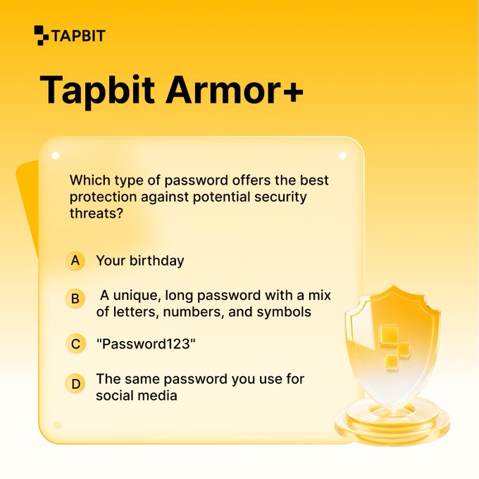 A Tapbit Armor+ educational graphic posing a multiple-choice question about password security, with options A through D and a golden shield trophy illustration.