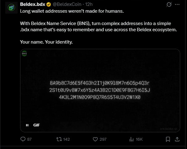 A tweet from Beldex (Beldex.bdx) introducing their Beldex Name Service (BNS) for converting complex wallet addresses into simple '.bdx' names, displaying a GIF of a long alphanumeric address.